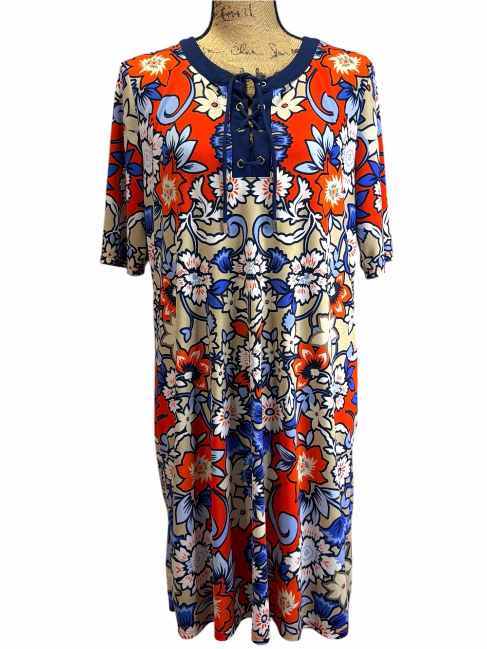 Liz Claiborne Vibrant Floral Lace-Up Midi Dress Orange, Blue & Cream EC Size XL